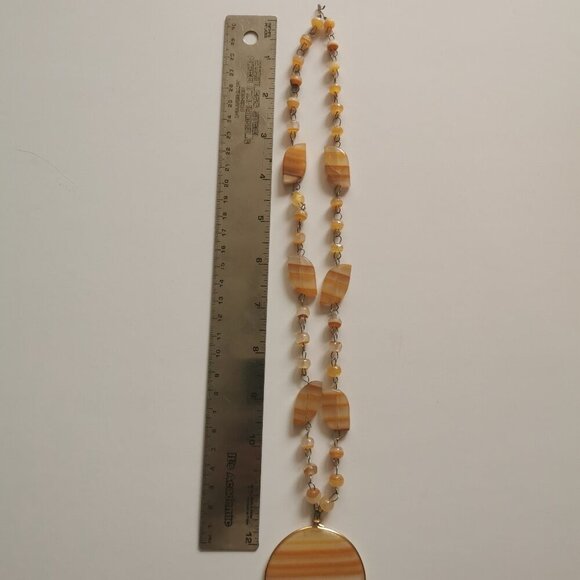 Vintage Sun Pendant Golden Orange Carved Necklace Etched Aztec Sundial Beaded - Picture 9 of 11